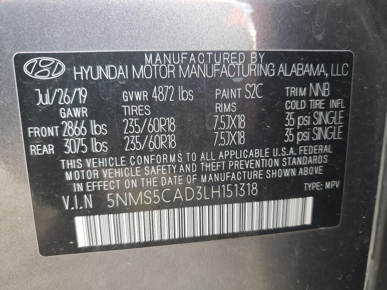 2020 Hyundai Santa Fe Limited VIN: 5NMS5CAD3LH151318 Lot: 69363185