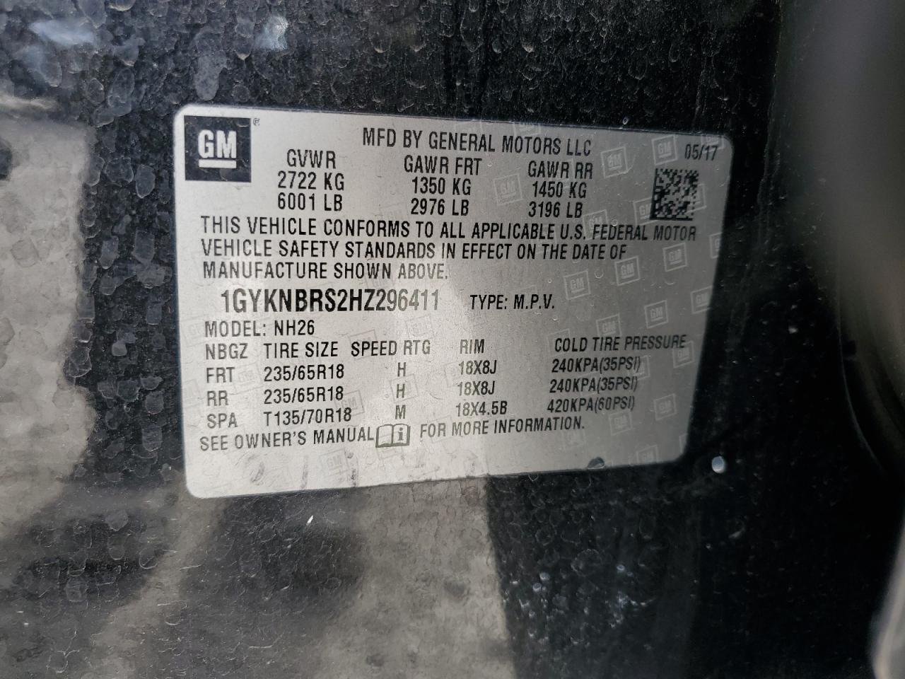 2017 Cadillac Xt5 Luxury VIN: 1GYKNBRS2HZ296411 Lot: 69934095