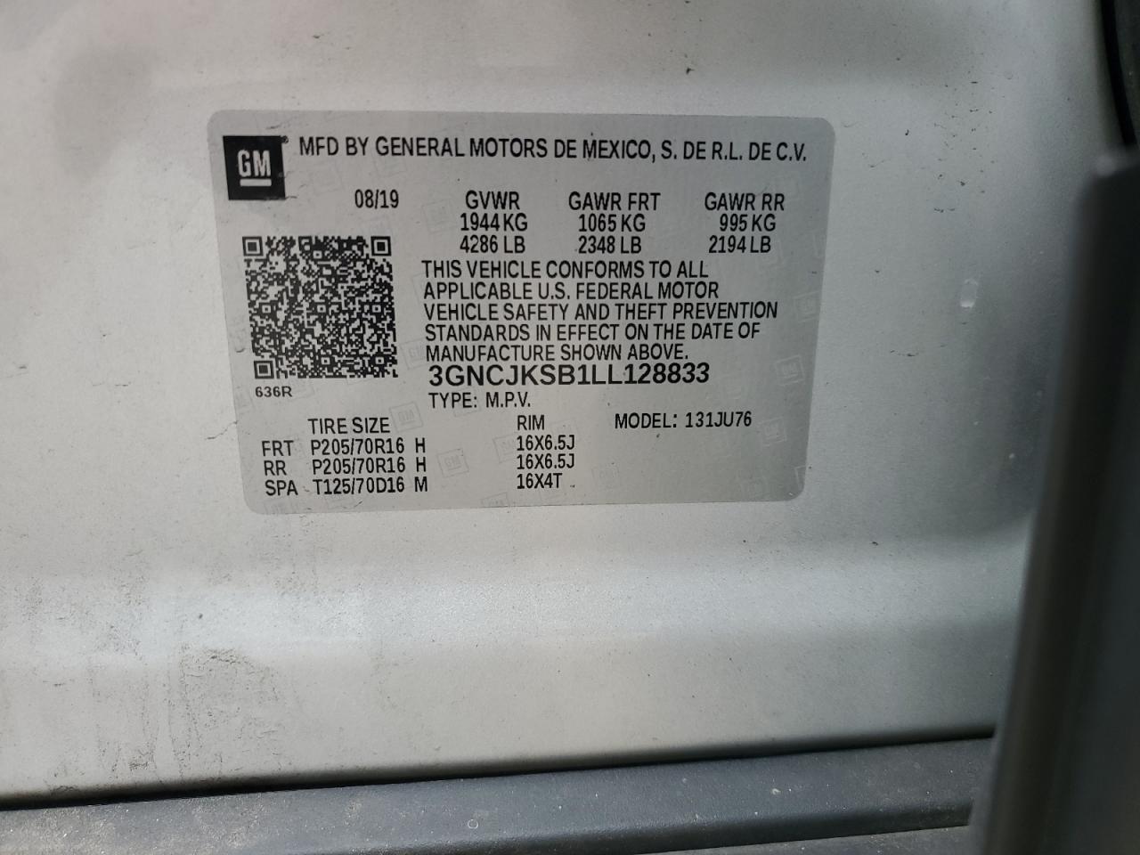 2020 Chevrolet Trax Ls VIN: 3GNCJKSB1LL128833 Lot: 71058845