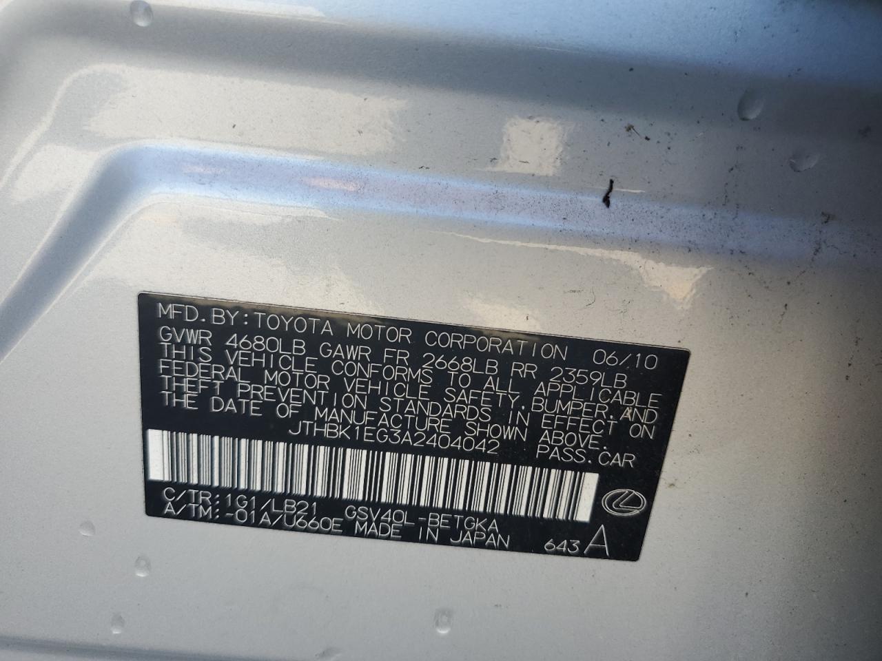 2010 Lexus Es 350 VIN: JTHBK1EG3A2404042 Lot: 70427795