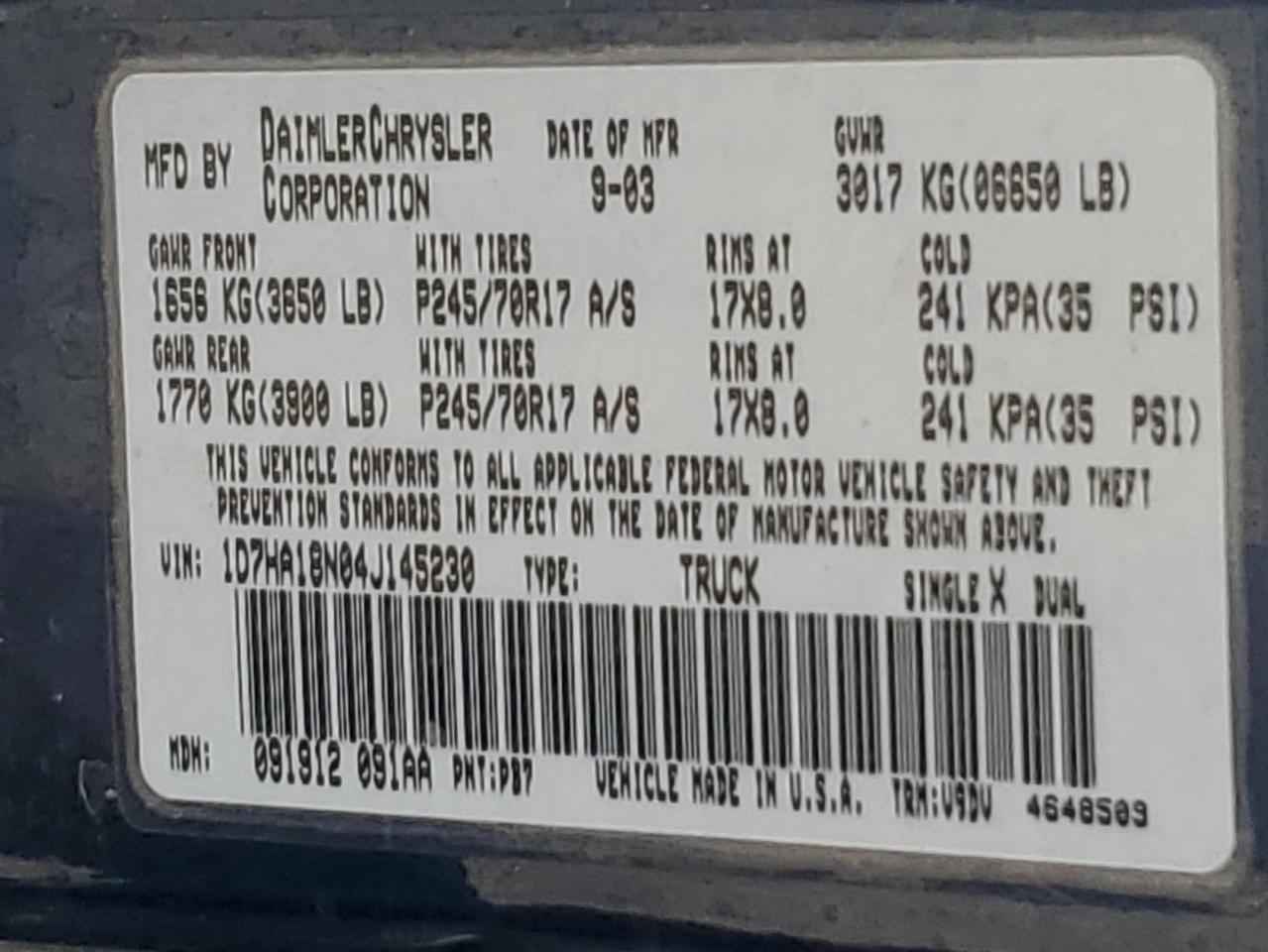 2004 Dodge Ram 1500 St VIN: 1D7HA18N04J145230 Lot: 68738035