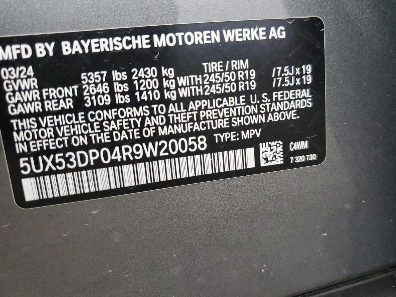 2024 BMW X3 xDrive30I VIN: 5UX53DP04R9W20058 Lot: 69404945