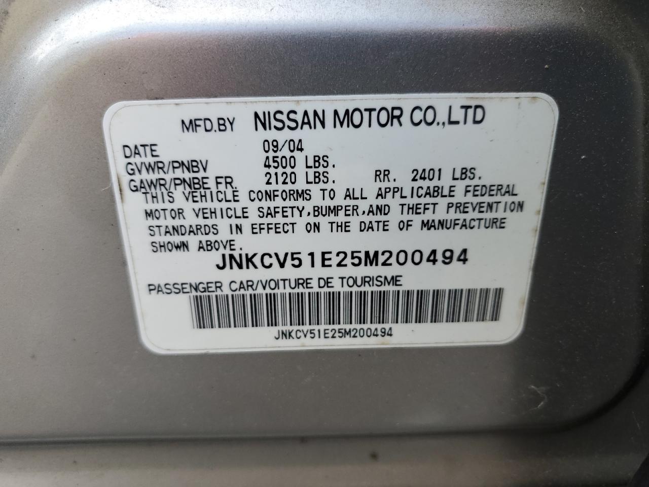 2005 Infiniti G35 VIN: JNKCV51E25M200494 Lot: 67996725