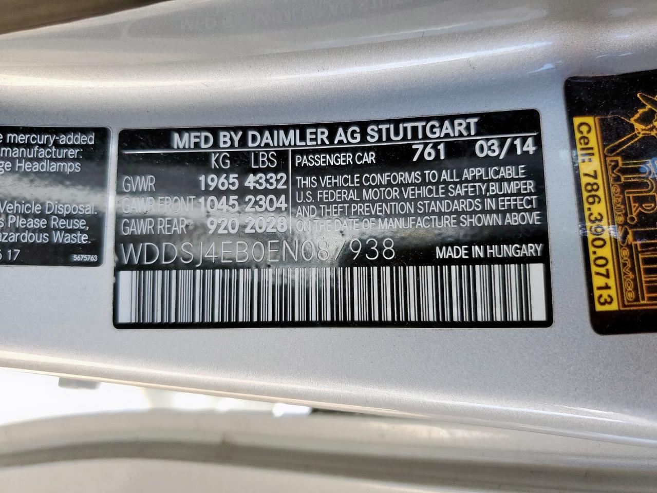 2014 Mercedes-Benz Cla 250 VIN: WDDSJ4EB0EN087938 Lot: 69142025