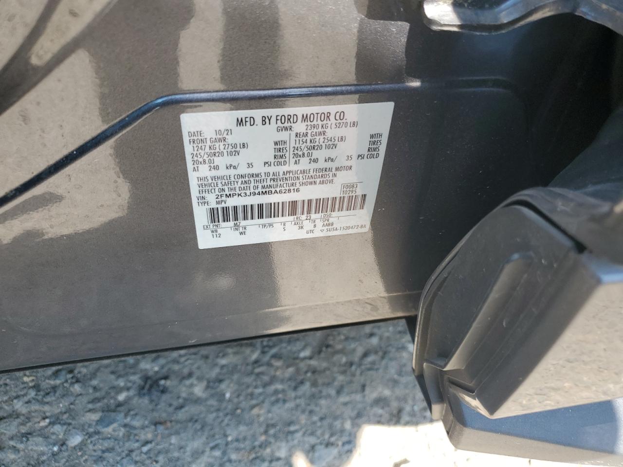 2021 Ford Edge Sel VIN: 2FMPK3J94MBA62816 Lot: 69397635