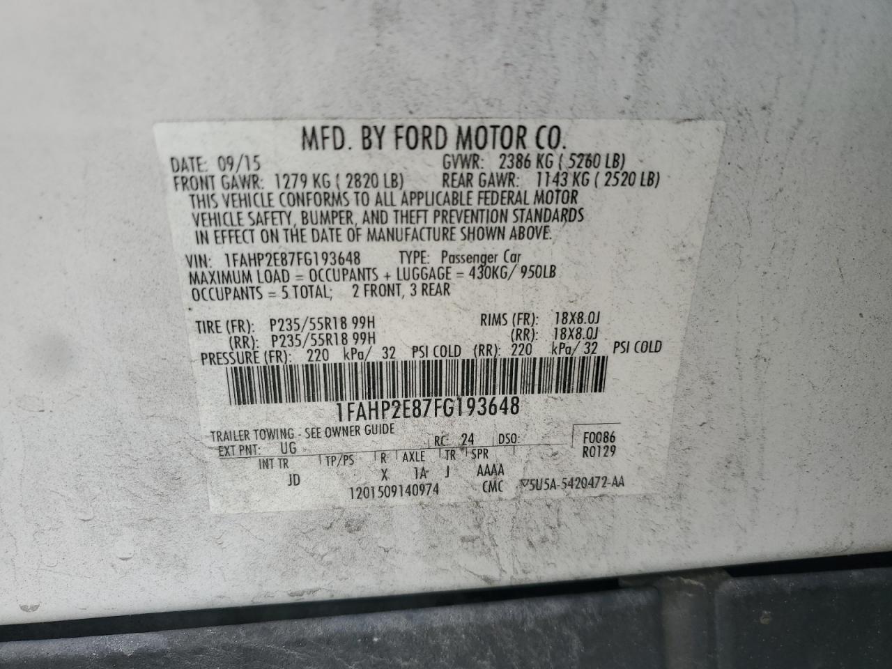 2015 Ford Taurus Sel VIN: 1FAHP2E87FG193648 Lot: 69135235