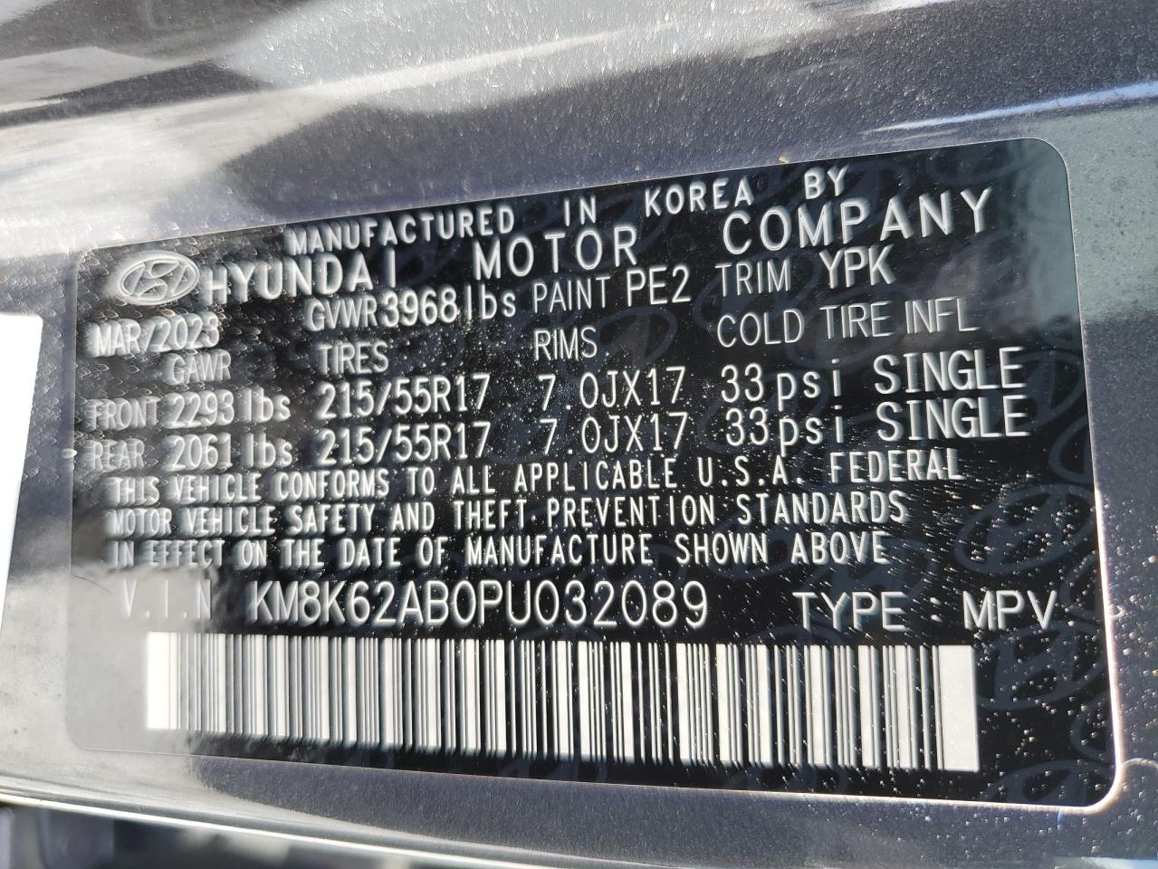 2023 Hyundai Kona Sel VIN: KM8K62AB0PU032089 Lot: 68878955
