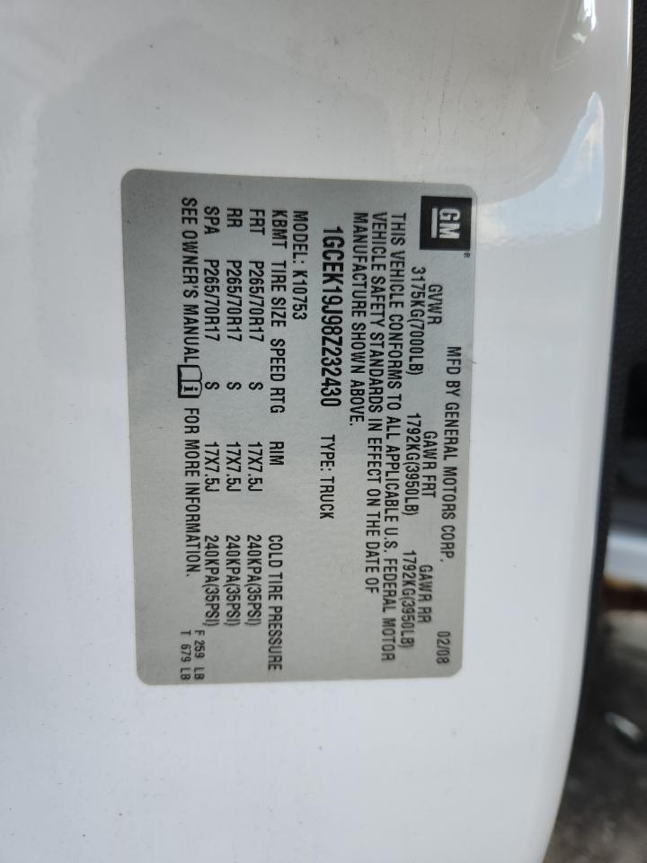 2008 Chevrolet Silverado K1500 VIN: 1GCEK19J98Z232430 Lot: 70386575