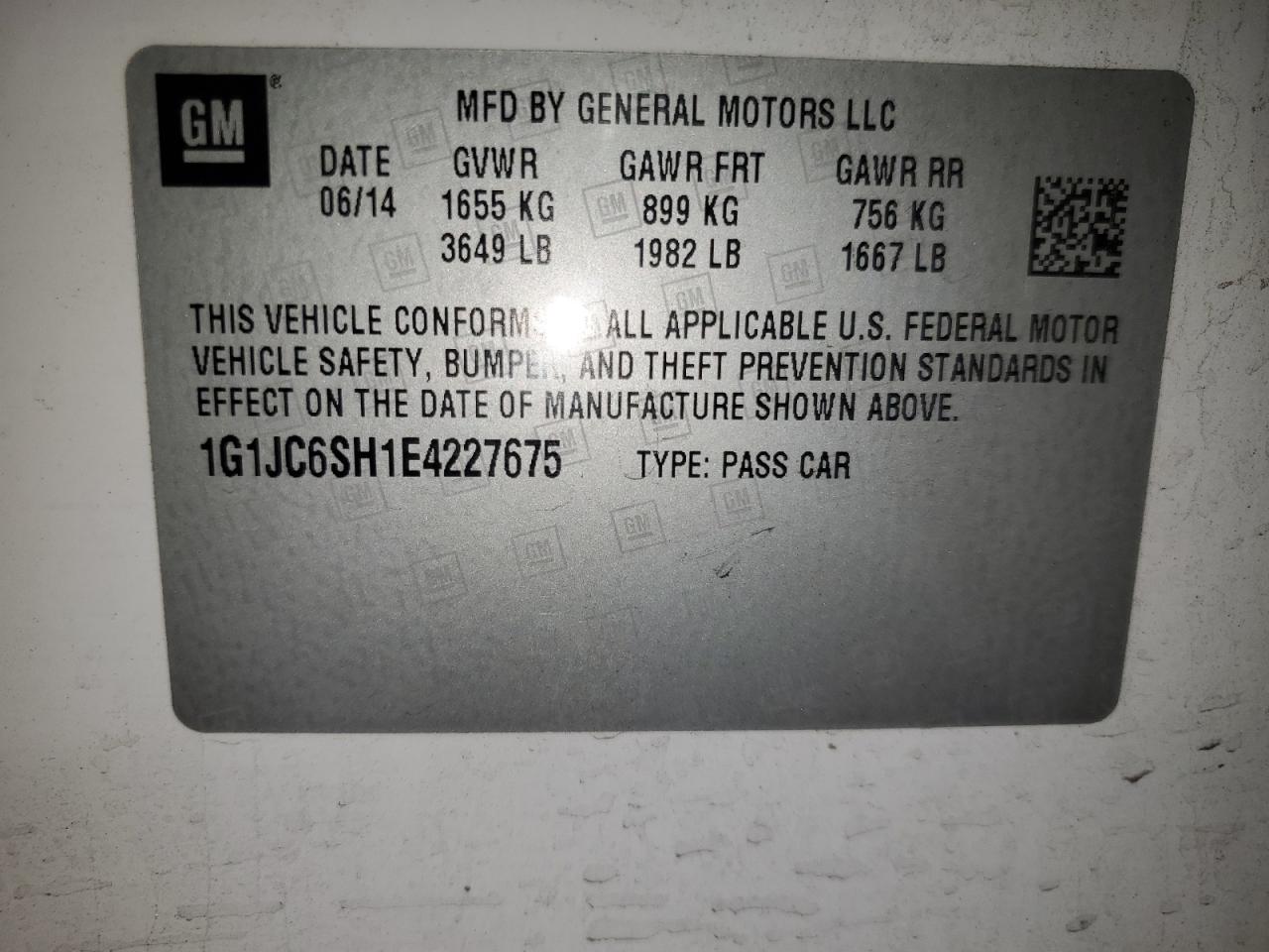 2014 Chevrolet Sonic Lt VIN: 1G1JC6SH1E4227675 Lot: 68245295