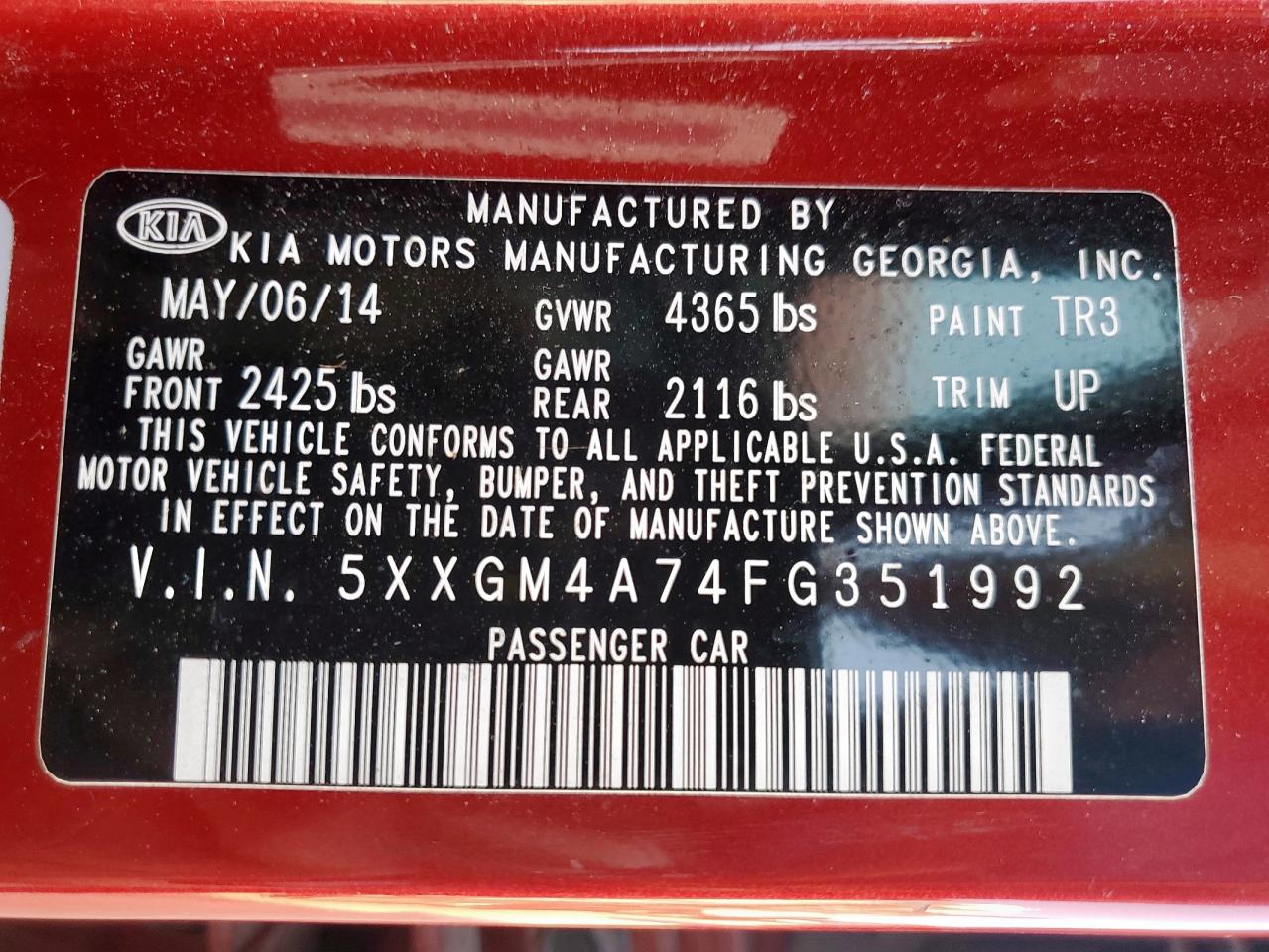 2015 Kia Optima Lx VIN: 5XXGM4A74FG351992 Lot: 69997135