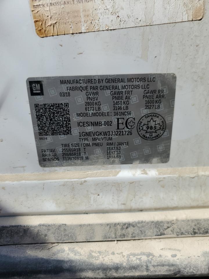 2018 Chevrolet Traverse Lt VIN: 1GNEVGKW3JJ221726 Lot: 68961015
