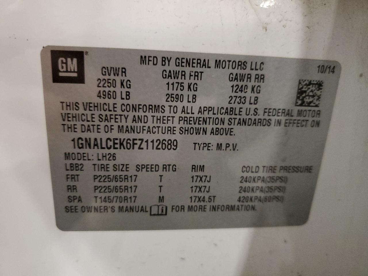 2015 Chevrolet Equinox Lt VIN: 1GNALCEK6FZ112689 Lot: 69951685