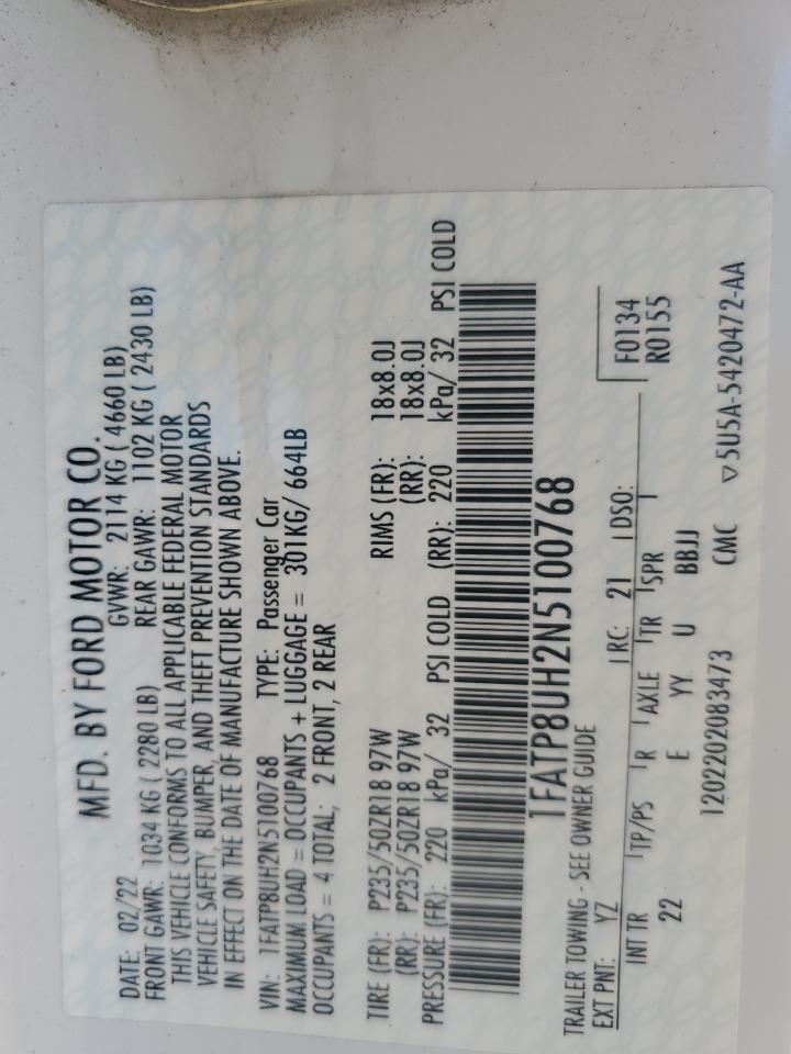 2022 Ford Mustang VIN: 1FATP8UH2N5100768 Lot: 70836305