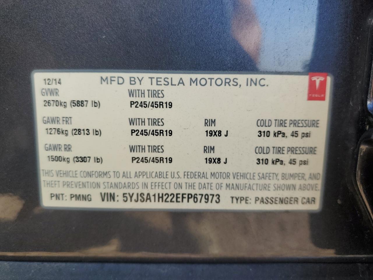 2014 Tesla Model S VIN: 5YJSA1H22EFP67973 Lot: 70574795