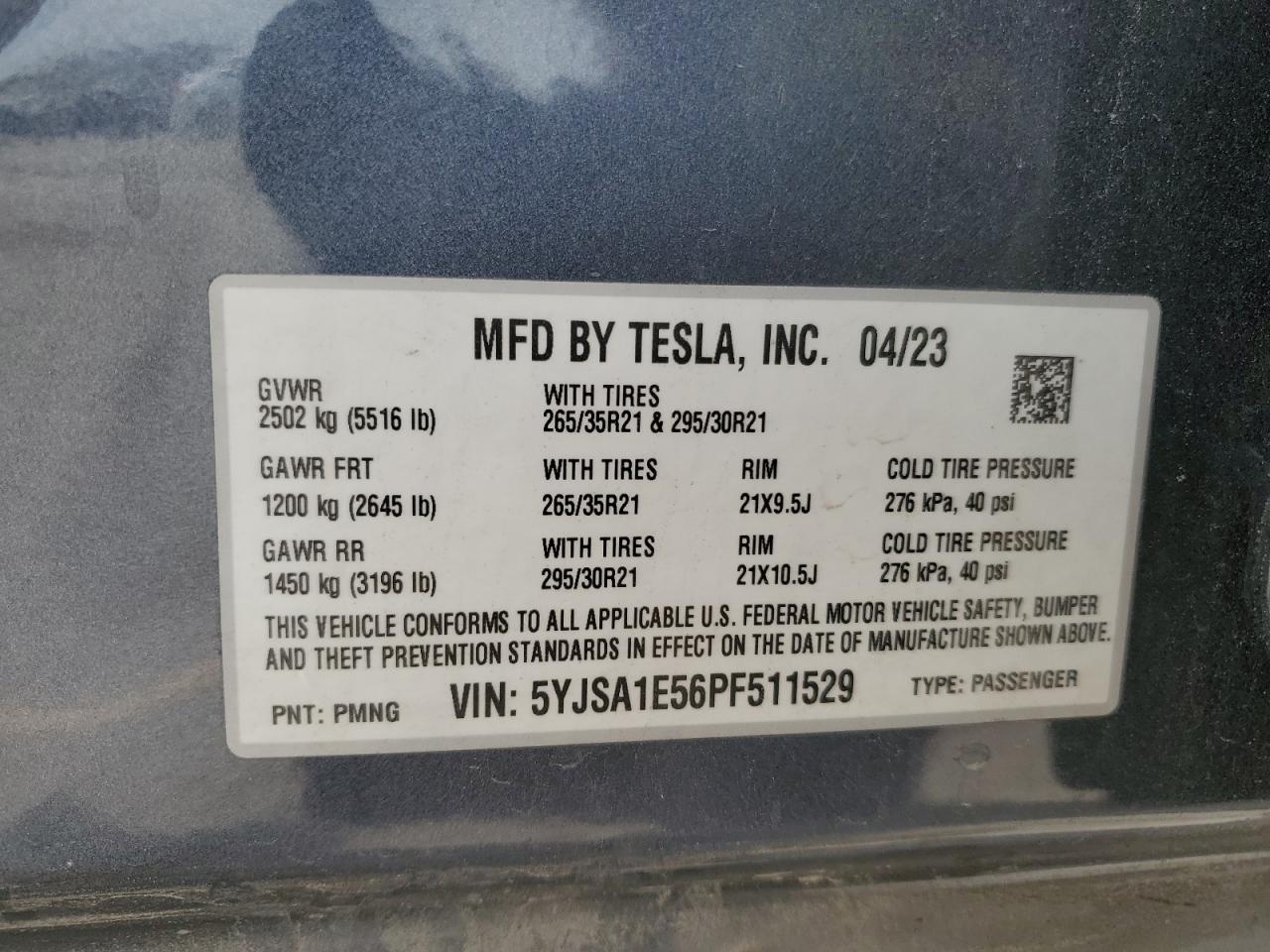 2023 Tesla Model S VIN: 5YJSA1E56PF511529 Lot: 70052385