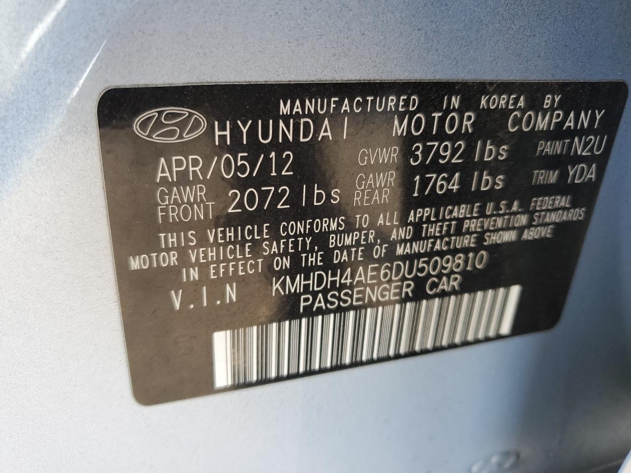 2013 Hyundai Elantra Gls VIN: KMHDH4AE6DU509810 Lot: 68177005