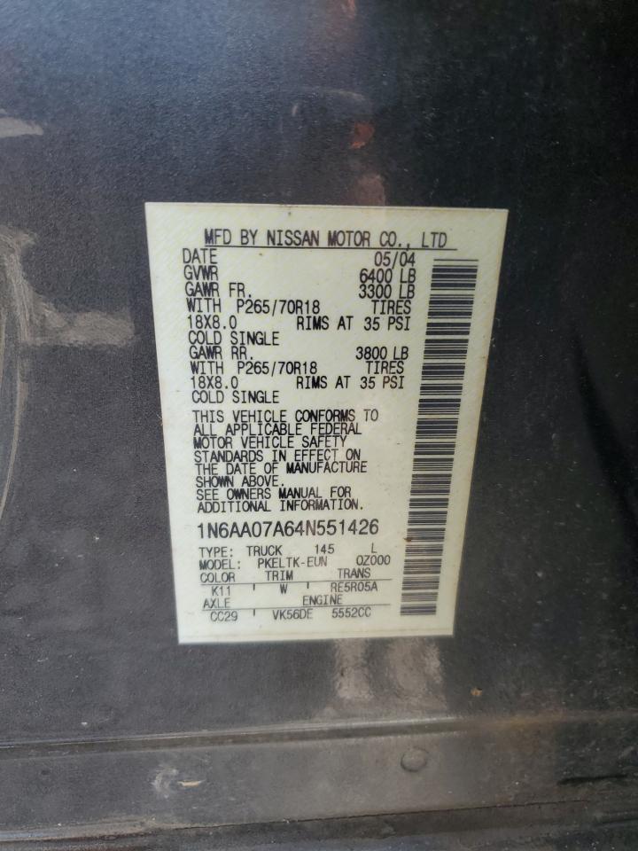 2004 Nissan Titan Xe VIN: 1N6AA07A64N551426 Lot: 68830525