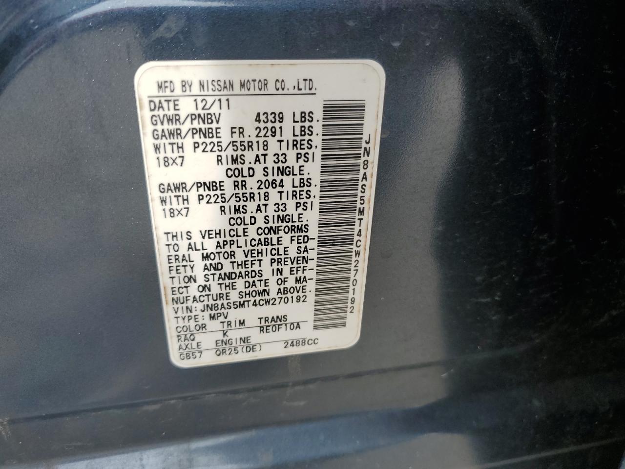 2012 Nissan Rogue S VIN: JN8AS5MT4CW270192 Lot: 70856975