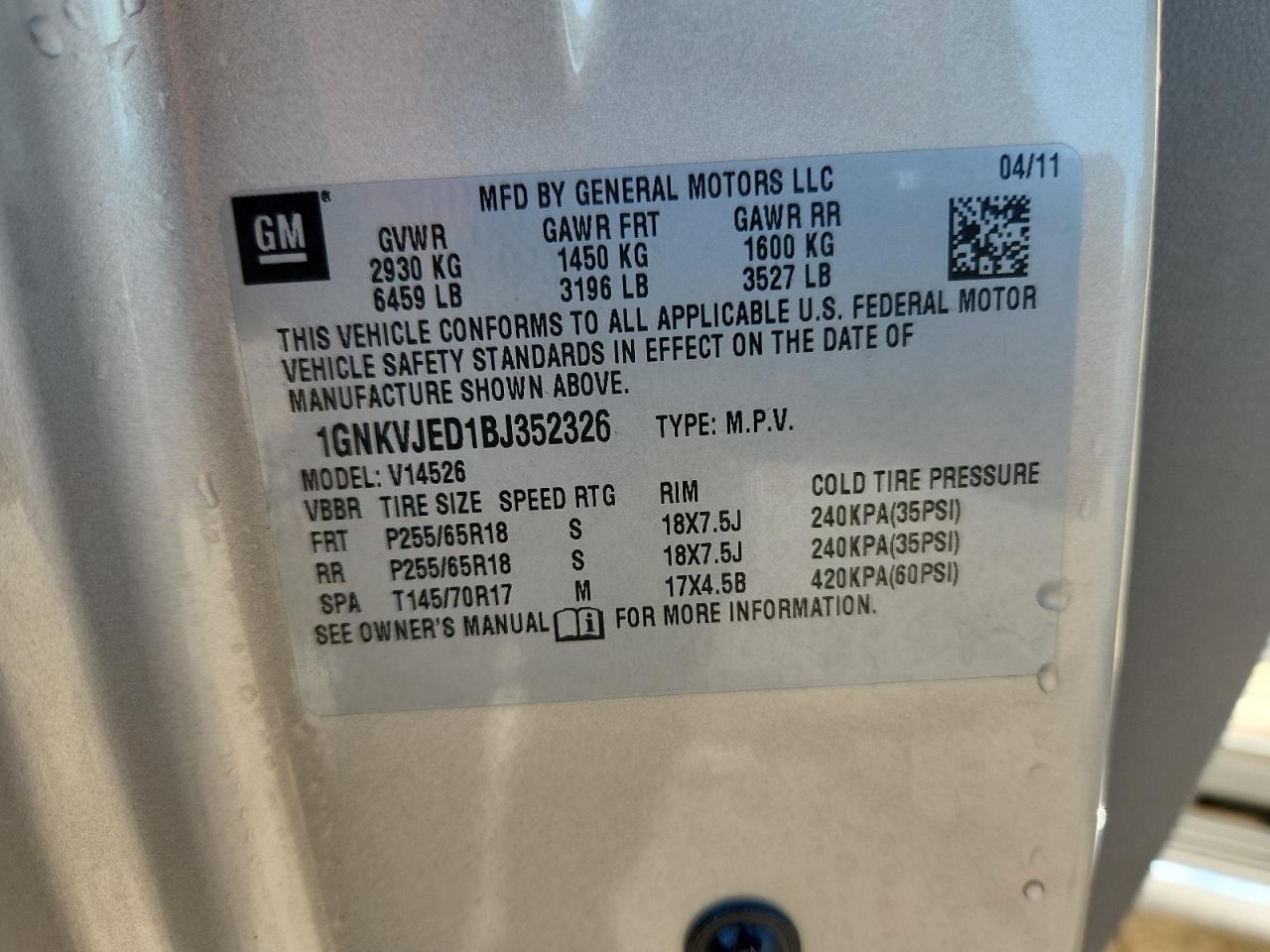 2011 Chevrolet Traverse Lt VIN: 1GNKVJED1BJ352326 Lot: 69297165