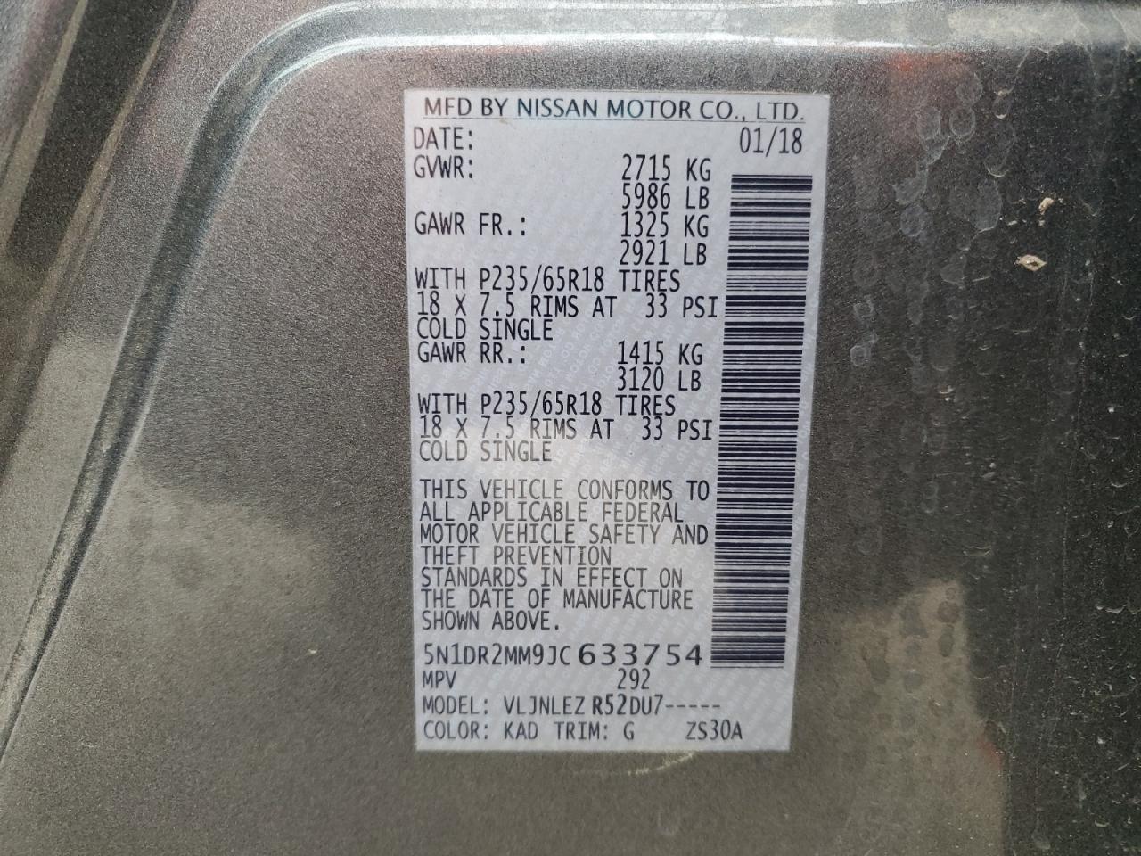 2018 Nissan Pathfinder S VIN: 5N1DR2MM9JC633754 Lot: 86617035