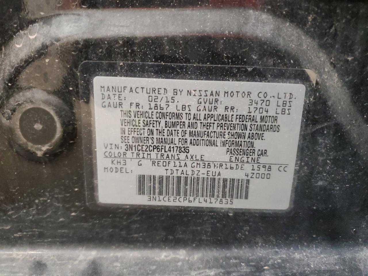 2015 Nissan Versa Note S VIN: 3N1CE2CP6FL417835 Lot: 66706975