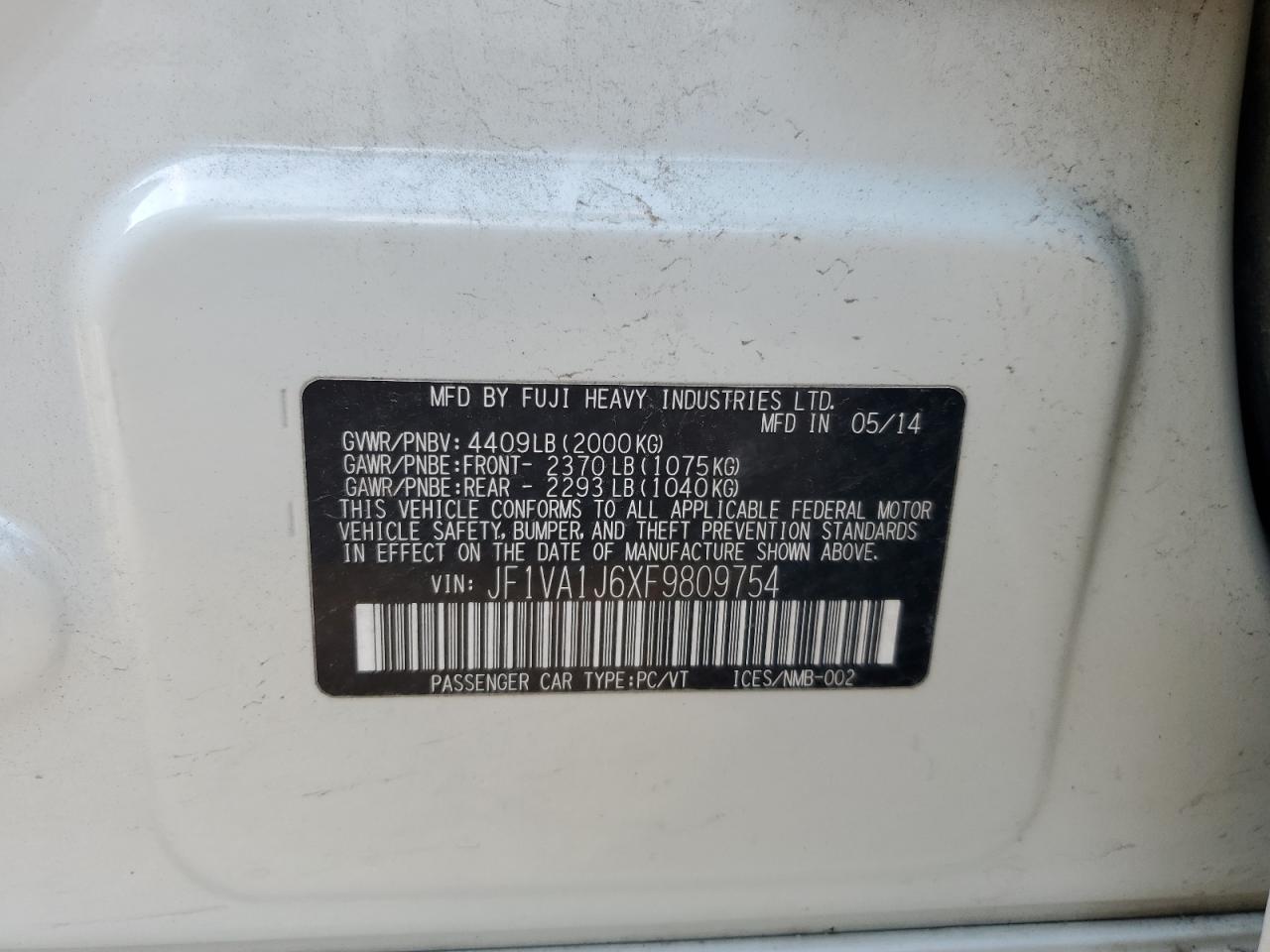 2015 Subaru Wrx Limited VIN: JF1VA1J6XF9809754 Lot: 68674015