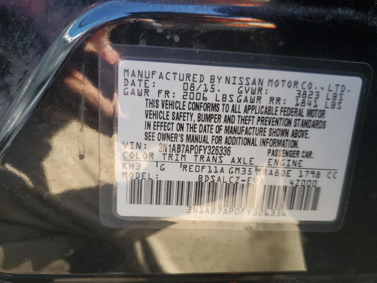 2015 Nissan Sentra S VIN: 3N1AB7AP0FY326336 Lot: 70640355