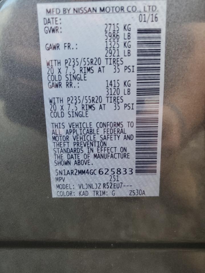 2016 Nissan Pathfinder S VIN: 5N1AR2MM4GC625833 Lot: 70734605