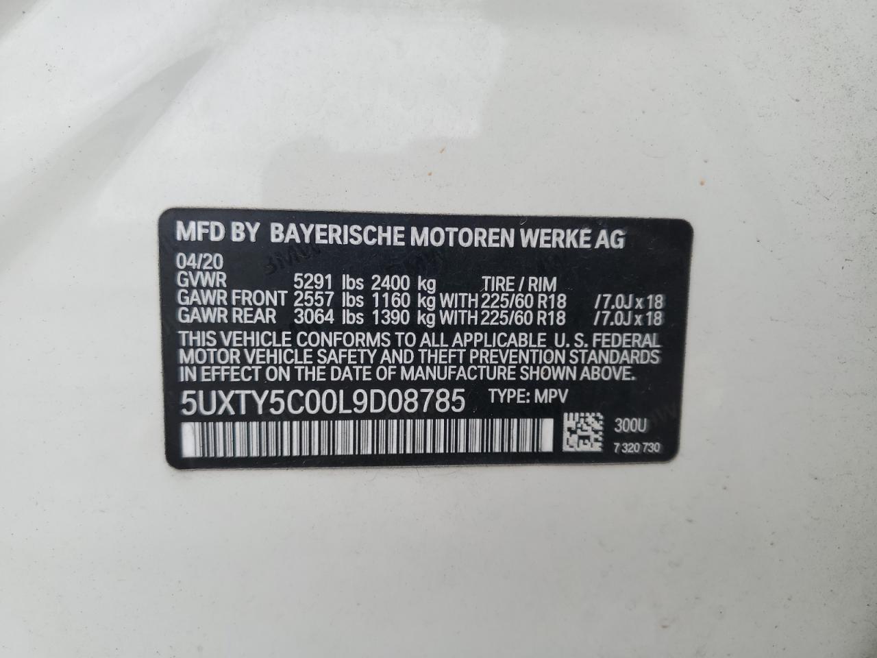 2020 BMW X3 xDrive30I VIN: 5UXTY5C00L9D08785 Lot: 67367025