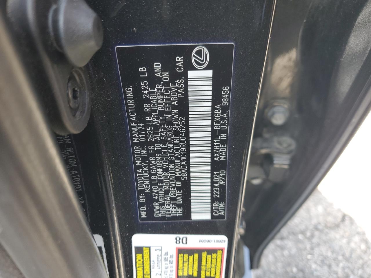 2024 Lexus Es 300H Base VIN: 58ADA1C19RU046252 Lot: 70534505