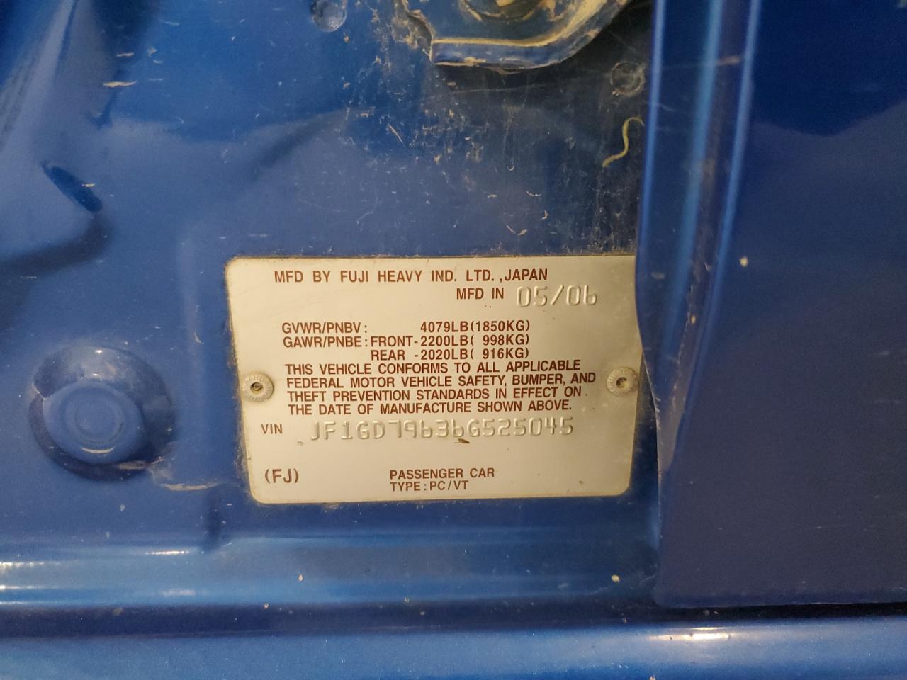 2006 Subaru Impreza Wrx VIN: JF1GD79636G525045 Lot: 65413645