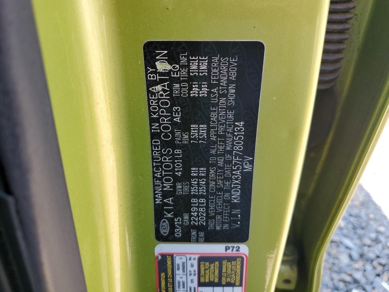 2015 Kia Soul ! VIN: KNDJX3A57F7805134 Lot: 68147495