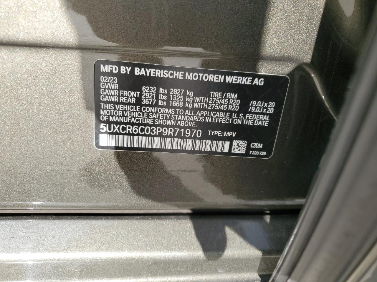 2023 BMW X5 xDrive40I VIN: 5UXCR6C03P9R71970 Lot: 68389925