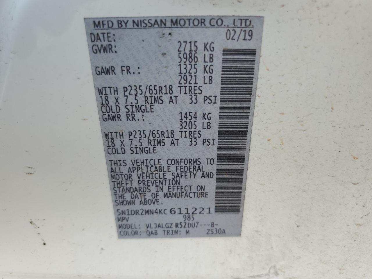 2019 Nissan Pathfinder S VIN: 5N1DR2MN4KC611221 Lot: 67928325