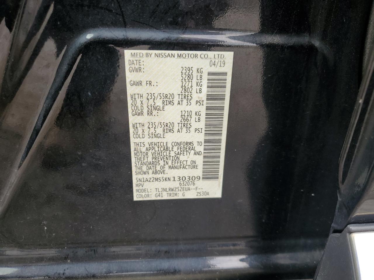 2019 Nissan Murano S VIN: 5N1AZ2MS5KN130309 Lot: 69929305