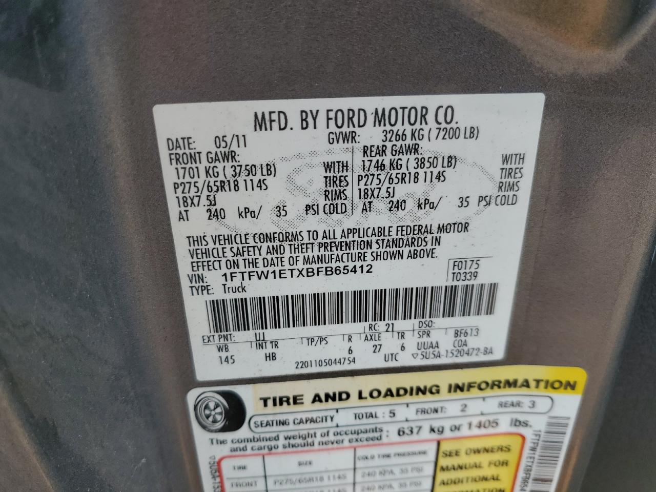 1FTFW1ETXBFB65412 2011 Ford F150 Supercrew