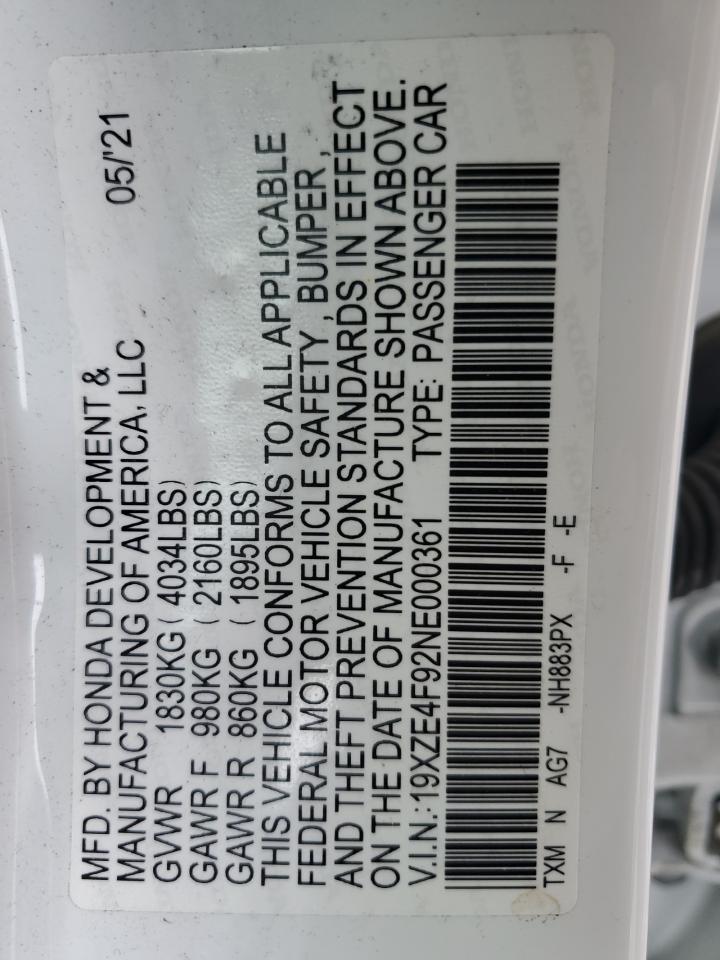 2022 Honda Insight Touring VIN: 19XZE4F92NE000361 Lot: 70781945