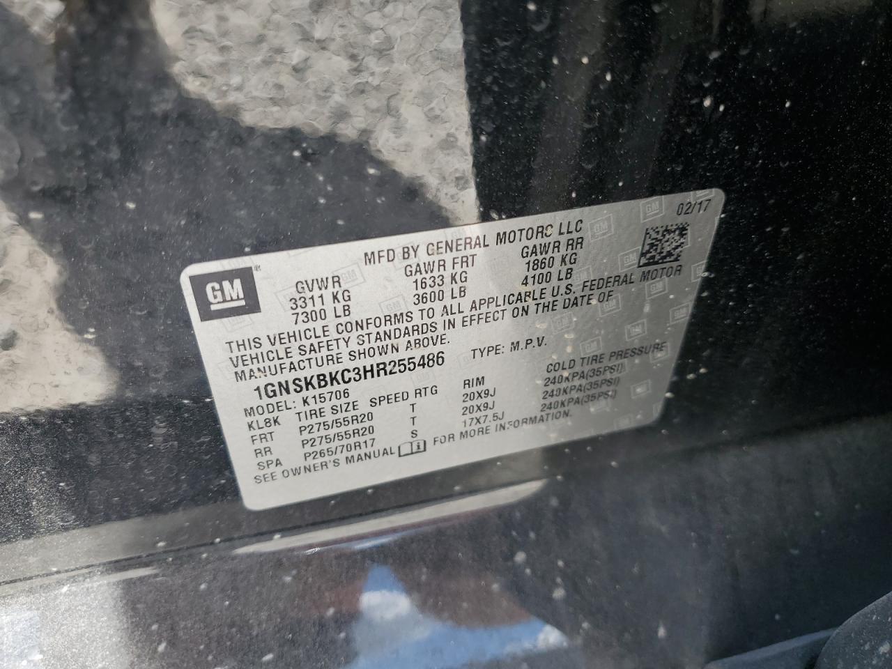 2017 Chevrolet Tahoe K1500 Lt VIN: 1GNSKBKC3HR255486 Lot: 69074855