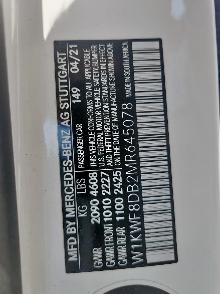 2021 Mercedes-Benz C 300 VIN: W1KWF8DB2MR645078 Lot: 69680085