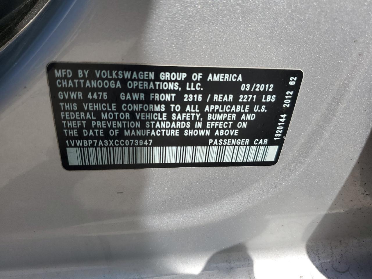 2012 Volkswagen Passat Se VIN: 1VWBP7A3XCC073947 Lot: 69866995