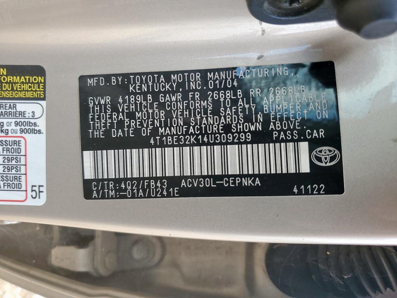 2004 Toyota Camry Le VIN: 4T1BE32K14U309299 Lot: 70293755