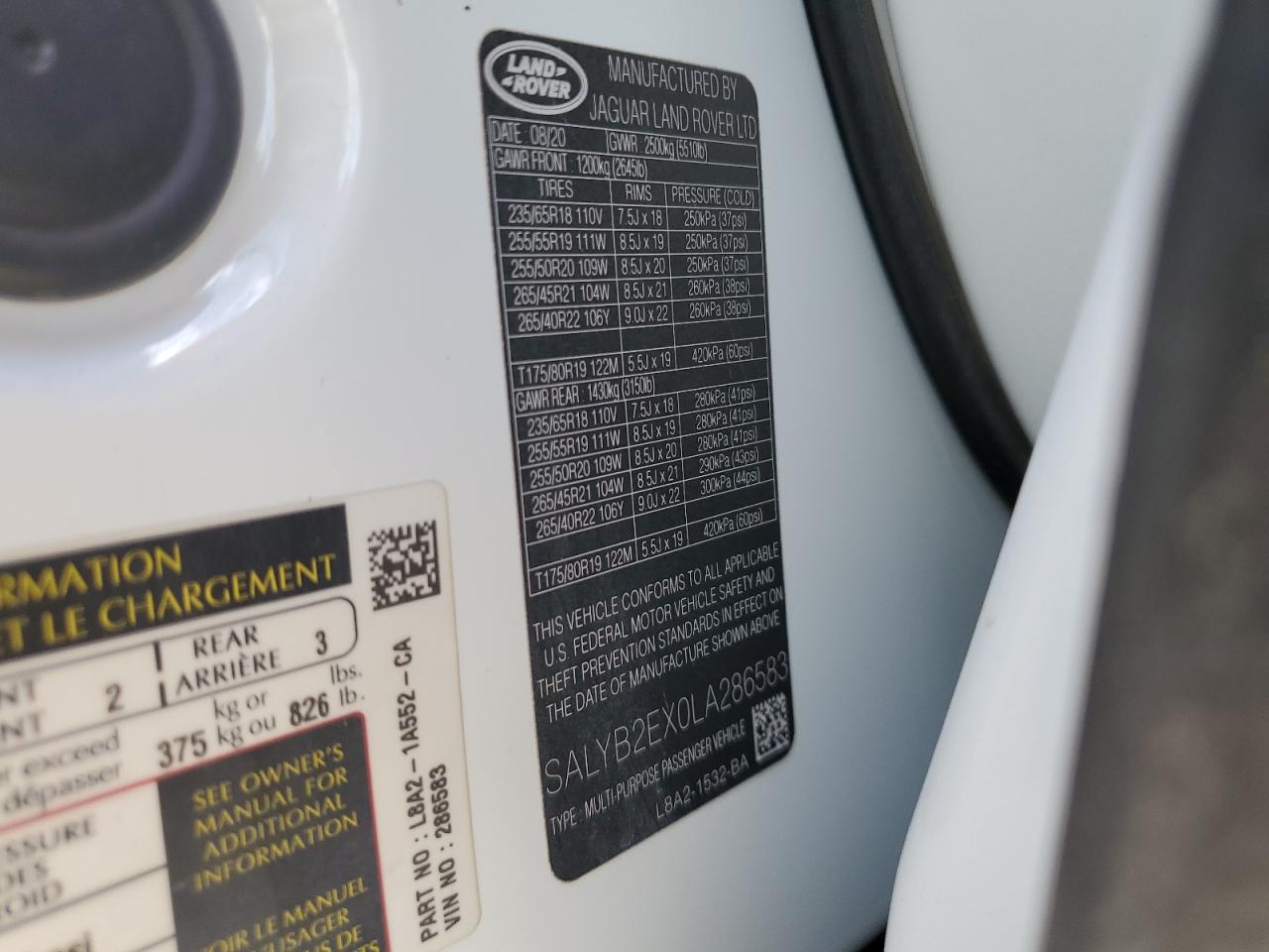 2020 Land Rover Range Rover Velar S VIN: SALYB2EX0LA286583 Lot: 69118735