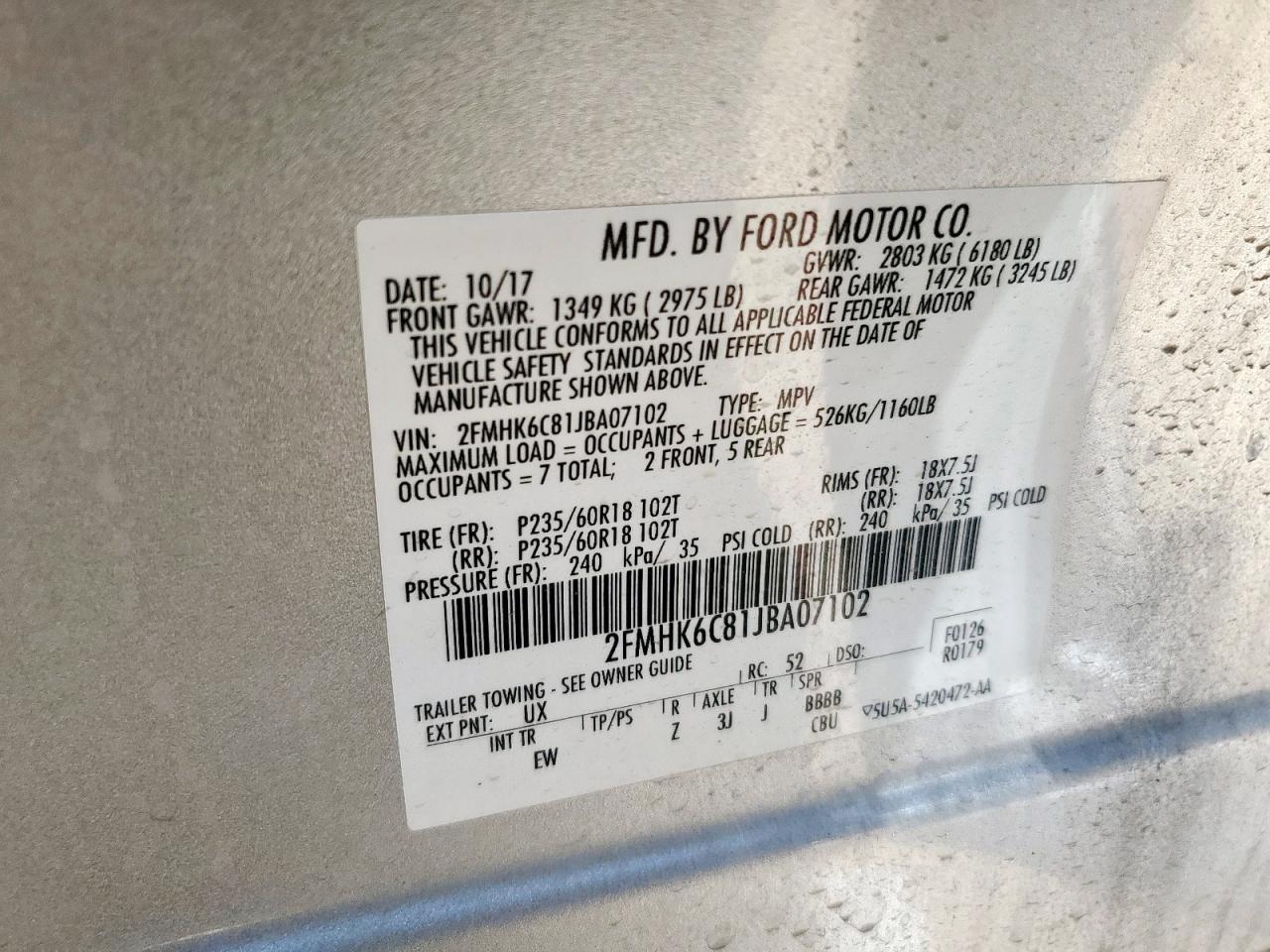 2018 Ford Flex Sel VIN: 2FMHK6C81JBA07102 Lot: 84873935