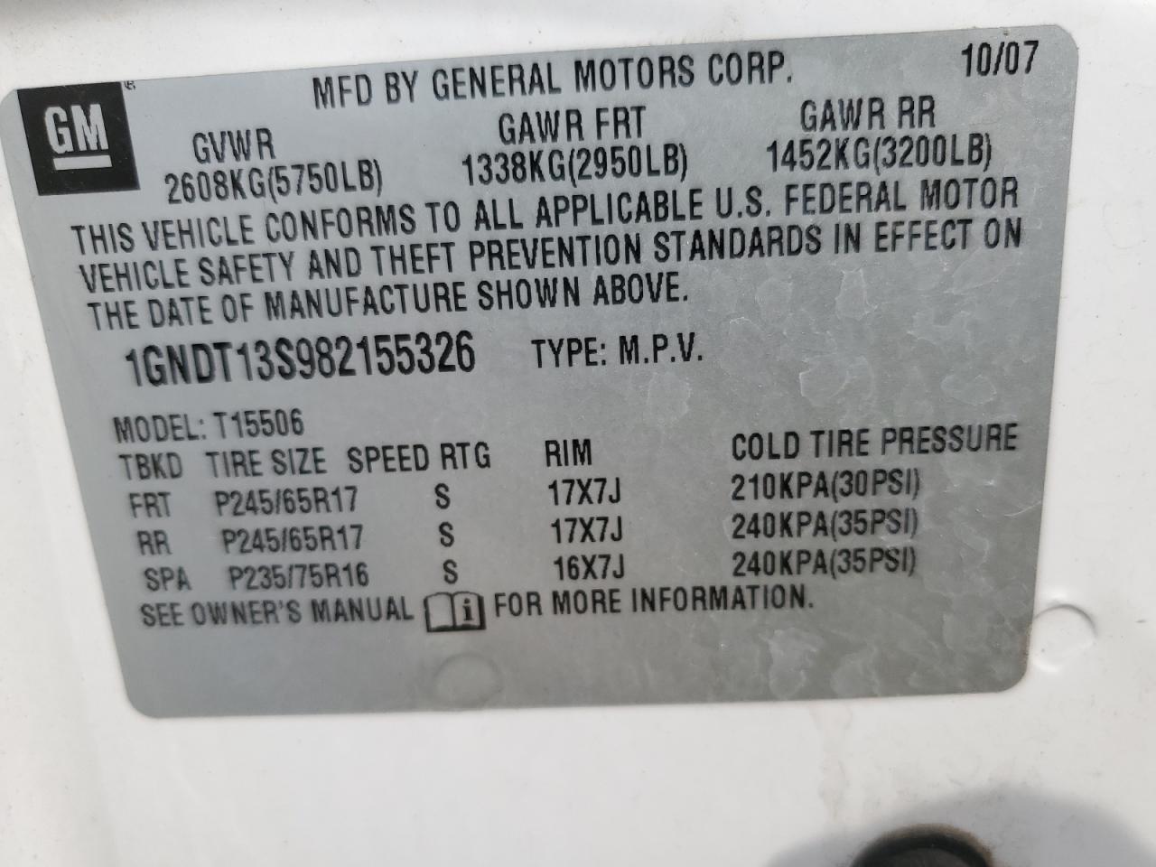 2008 Chevrolet Trailblazer Ls VIN: 1GNDT13S982155326 Lot: 66473915