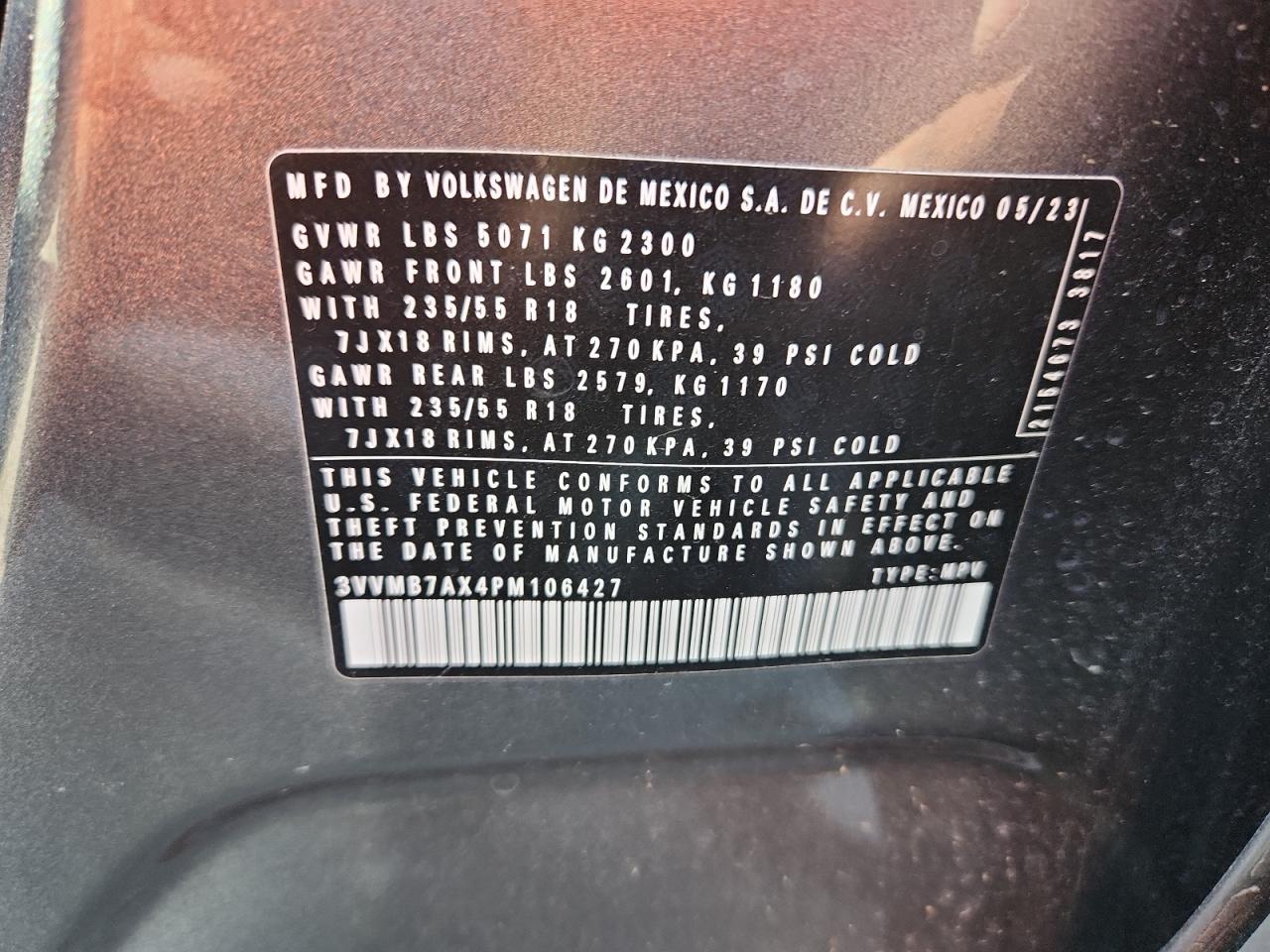 2023 Volkswagen Tiguan Se VIN: 3VVMB7AX4PM106427 Lot: 68890655