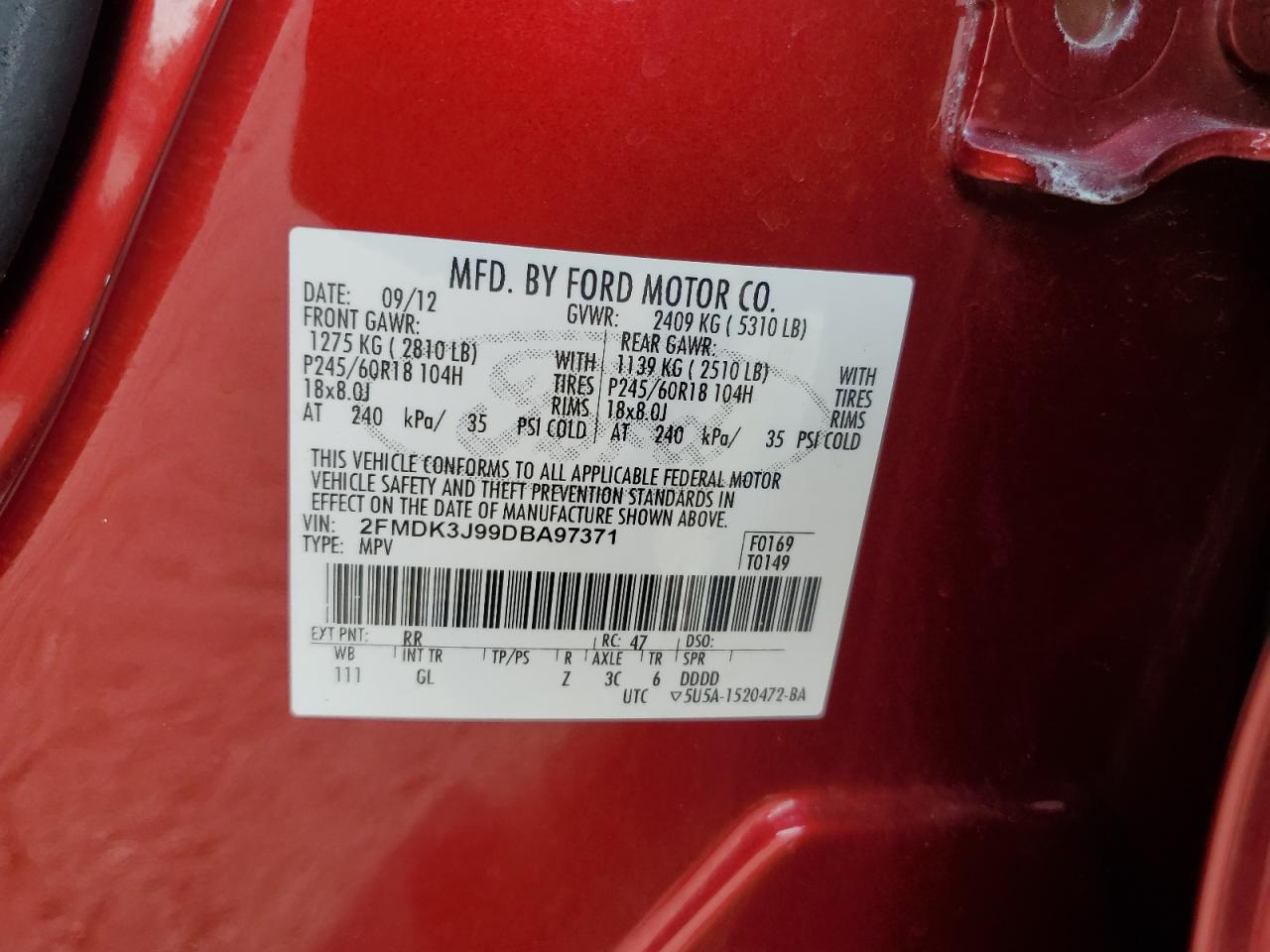 2013 Ford Edge Sel VIN: 2FMDK3J99DBA97371 Lot: 69121775