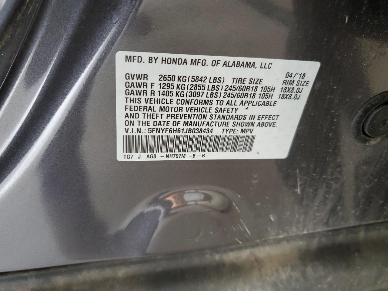 2018 Honda Pilot Exl VIN: 5FNYF6H61JB038434 Lot: 69637125