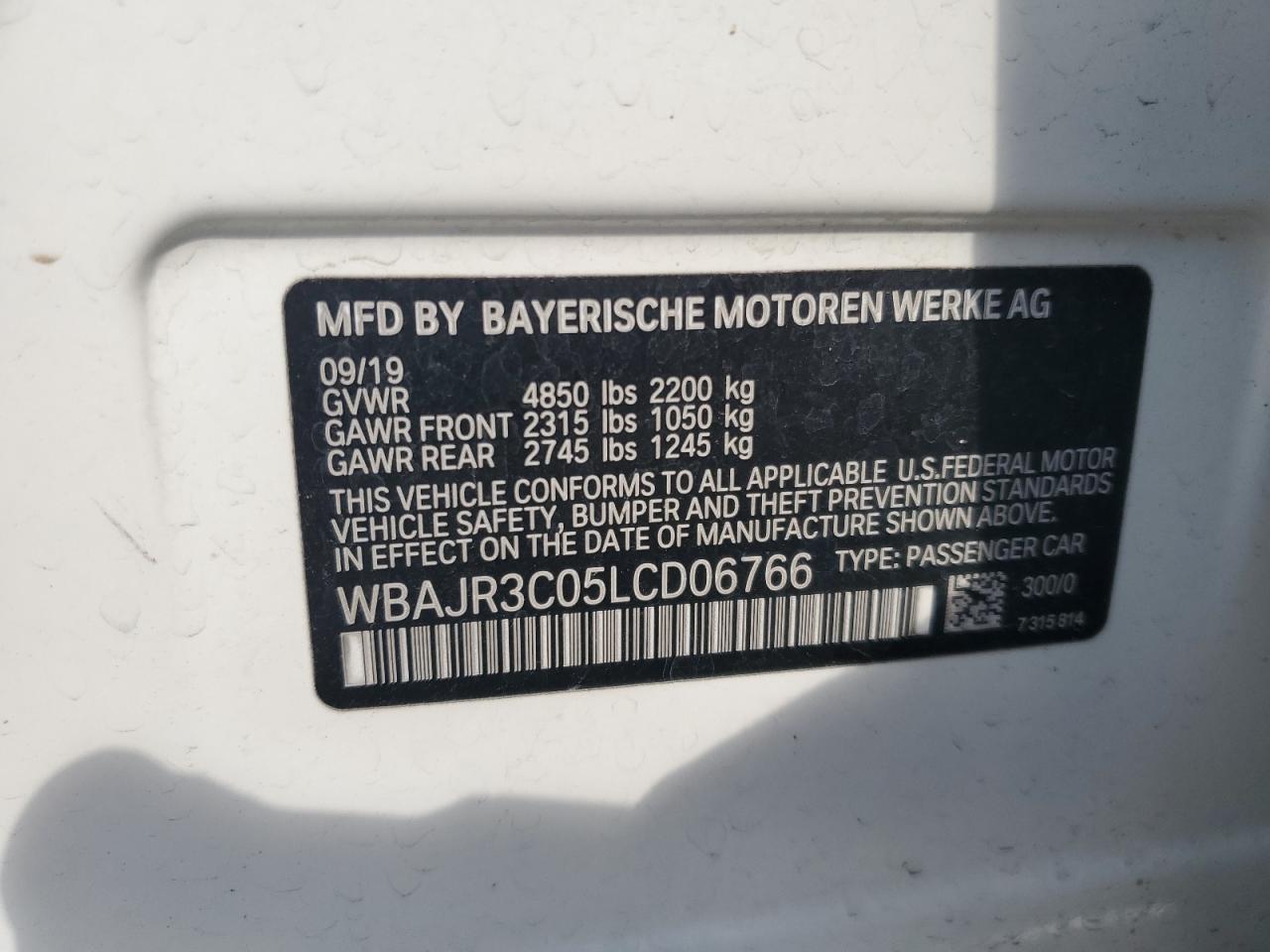 2020 BMW 530 I VIN: WBAJR3C05LCD06766 Lot: 67380865