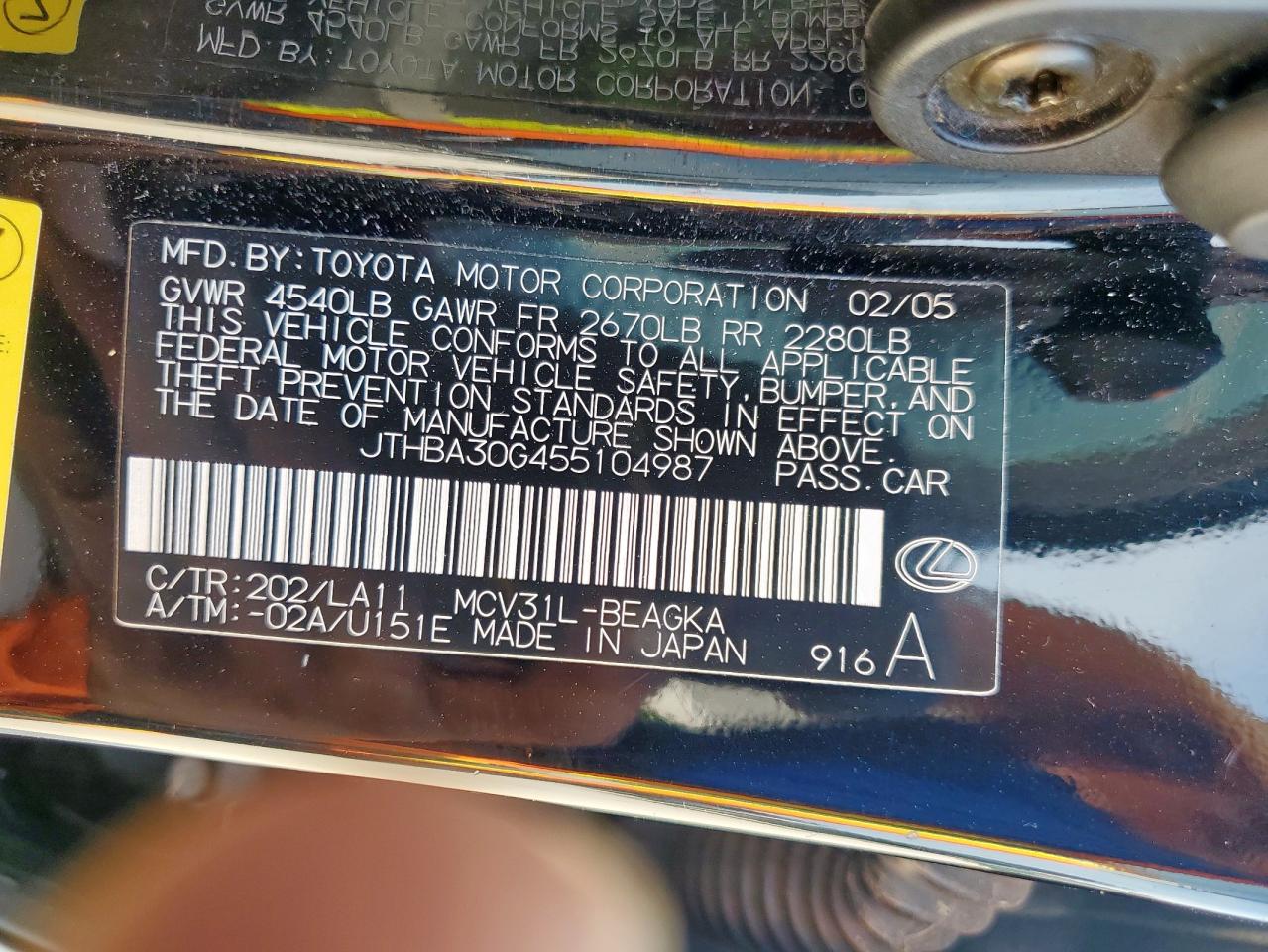 2005 Lexus Es 330 VIN: JTHBA30G455104987 Lot: 69468785