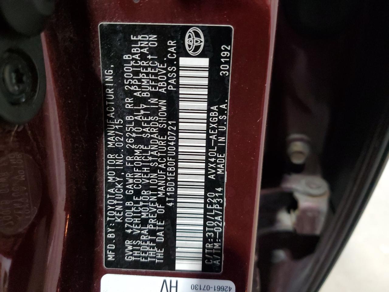 2015 Toyota Avalon Hybrid VIN: 4T1BD1EB0FU040721 Lot: 67287935